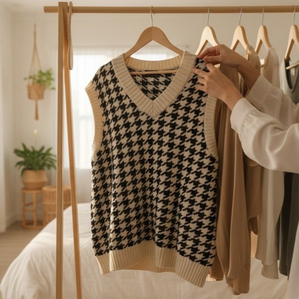 Hollister Vest Black White Women Oversized Houndstooth Sweater V-Neck 3871 Small